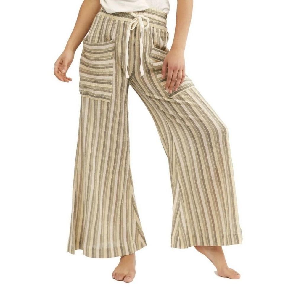 Free People Women's M Wide Leg Pants Moss Green Striped Cotton Gauze NEW‎